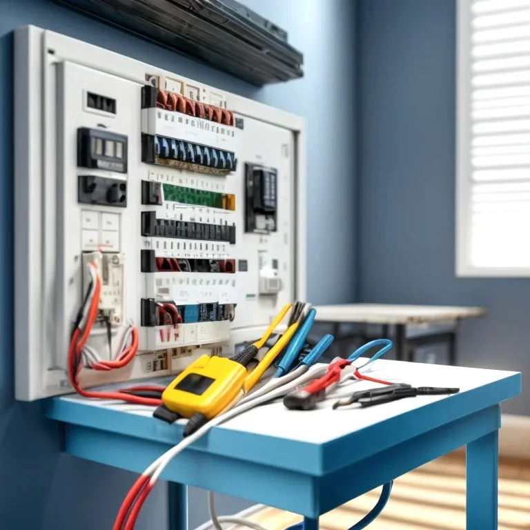 Panel eléctrico residencial con breakers y cableado ordenado